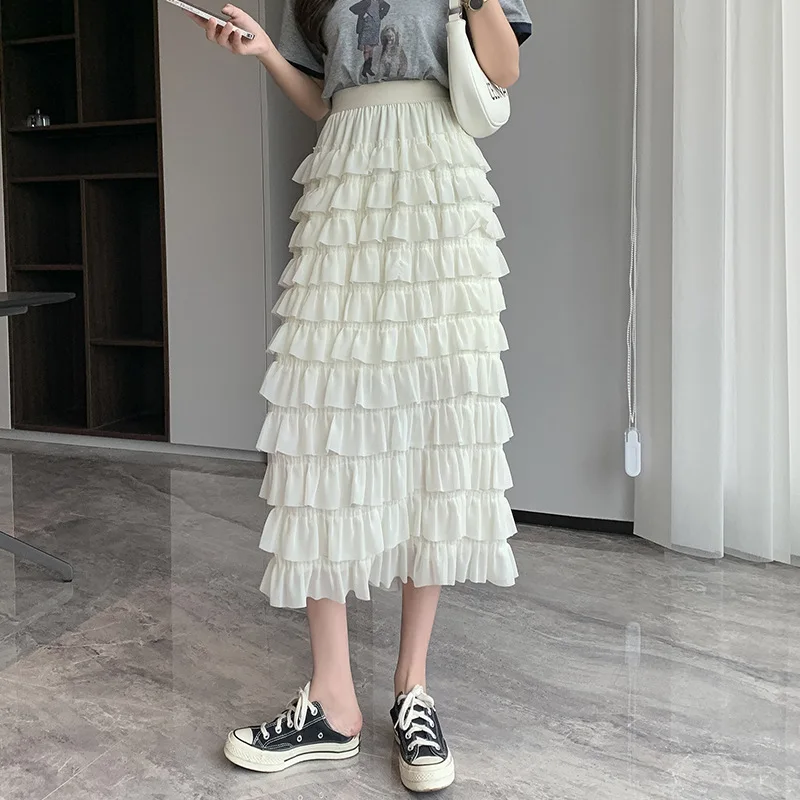 2024 Summer New High Waist Slim Puffy Cake Skirt Double Layer Chiffon Spliced Ruffle Edge Half Skirt A-line Long Skirt