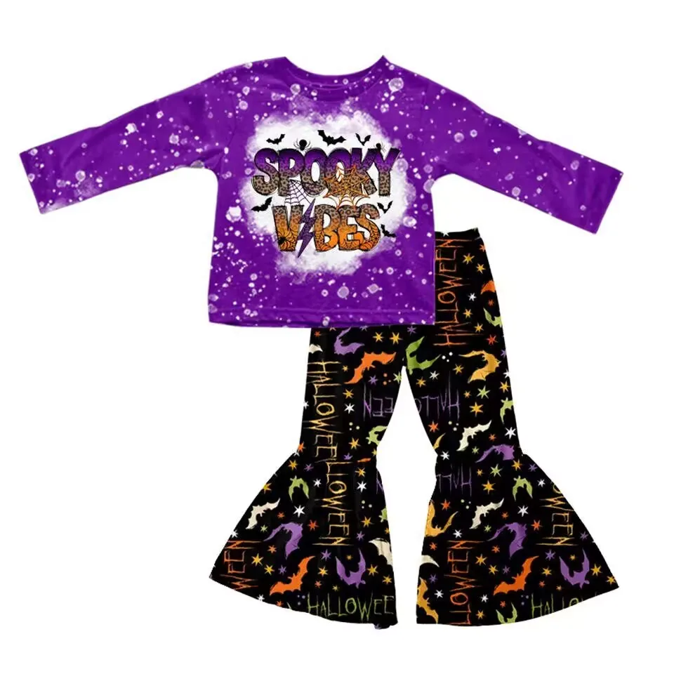 

Wholesale Kids Halloween Outfits Purple Spooky Vibes Top Halloween Colorful Bat Bell Bottom Pants Girls Clothes Set