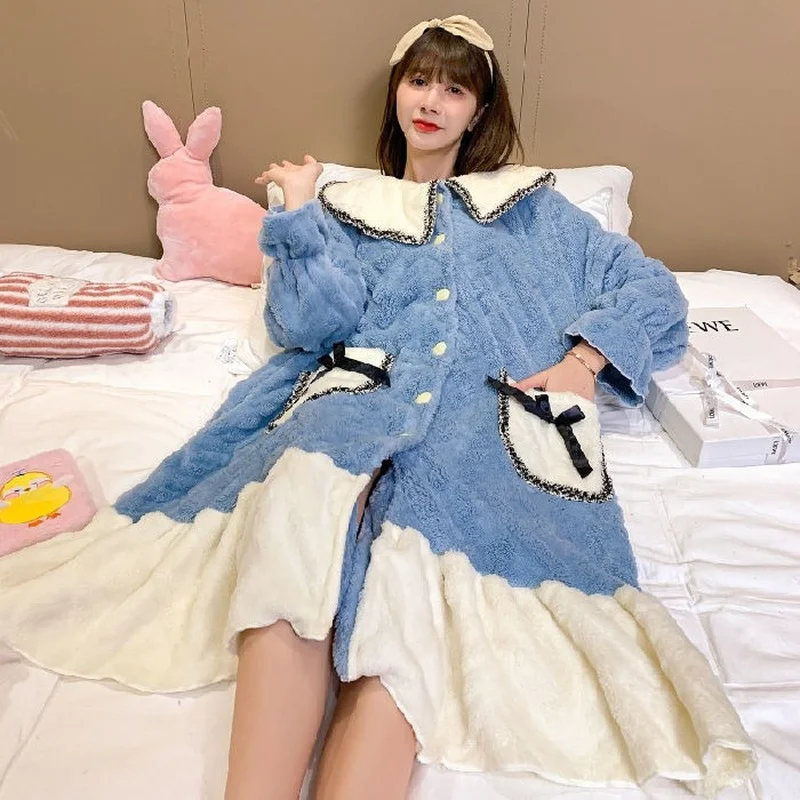 

Women Flannel Robes Sweet Candy Colors Princess Thicken Winter Sleepwear Cute Long Sleeve Over Knees Bathrobe Lounge Wear Warm
