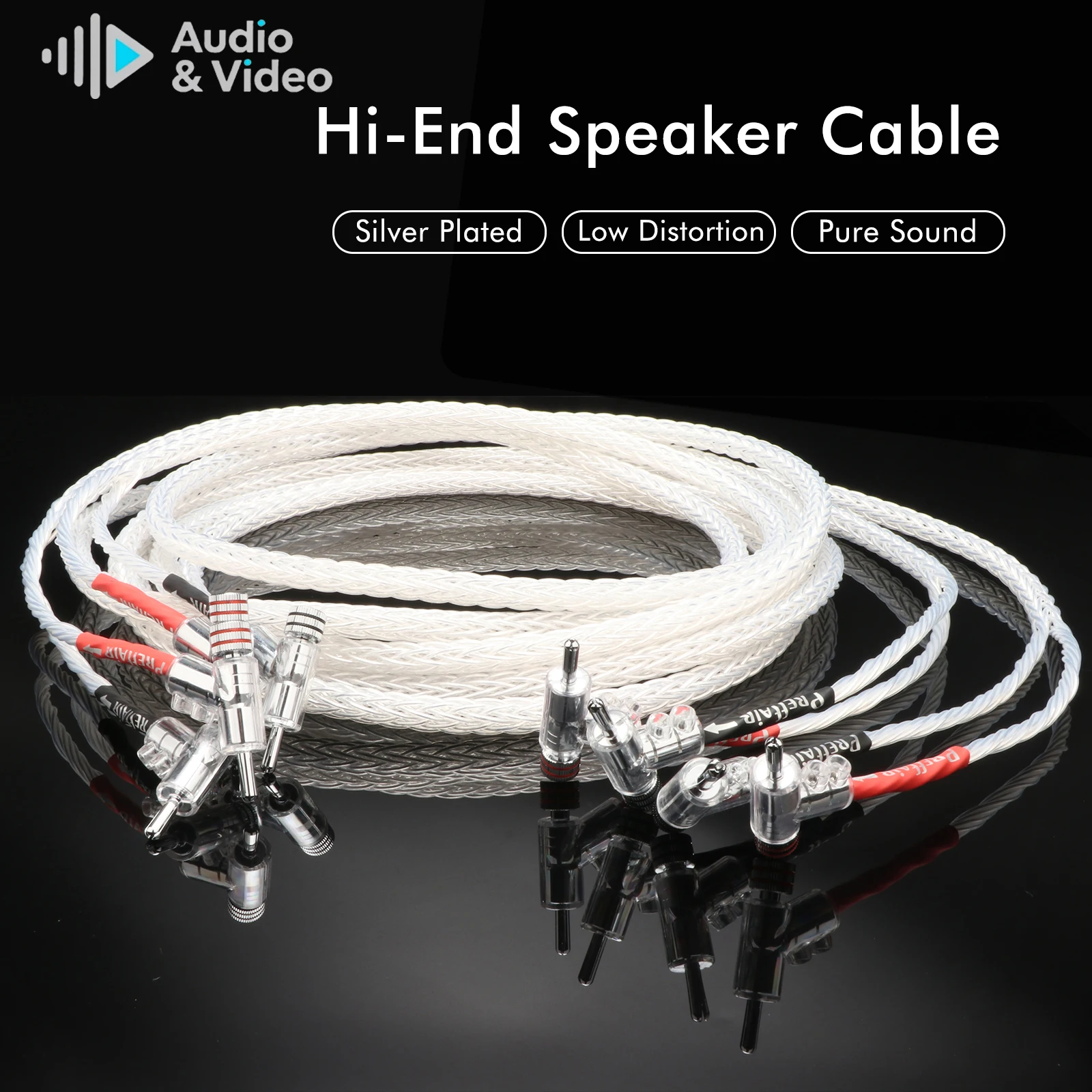 Pair 16Cores Speaker Cable 8N OCC Silver Plated Ribbon Speaker Wire Y Spade to 45degree Banana Plugs for Amplifierer Loudspeaker