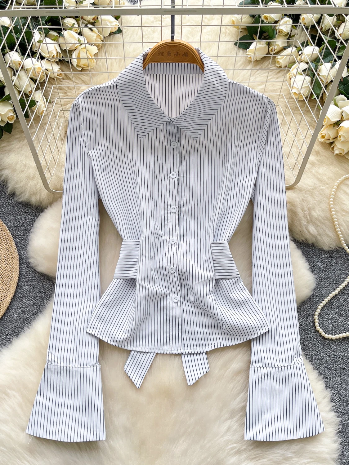 

Женские белые полосатые рубашки с воротником-поло, блузки Y2k, винтажная элегантная эстетичная рубашка 2000-х годов с длинными рукавами и бантом, одежда весна-осень