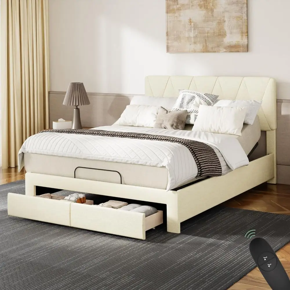 

Queen Size Adjustable Bed with Upholstered Headboard, Storage, Silent Motor, Remote Control, and Foot Incline