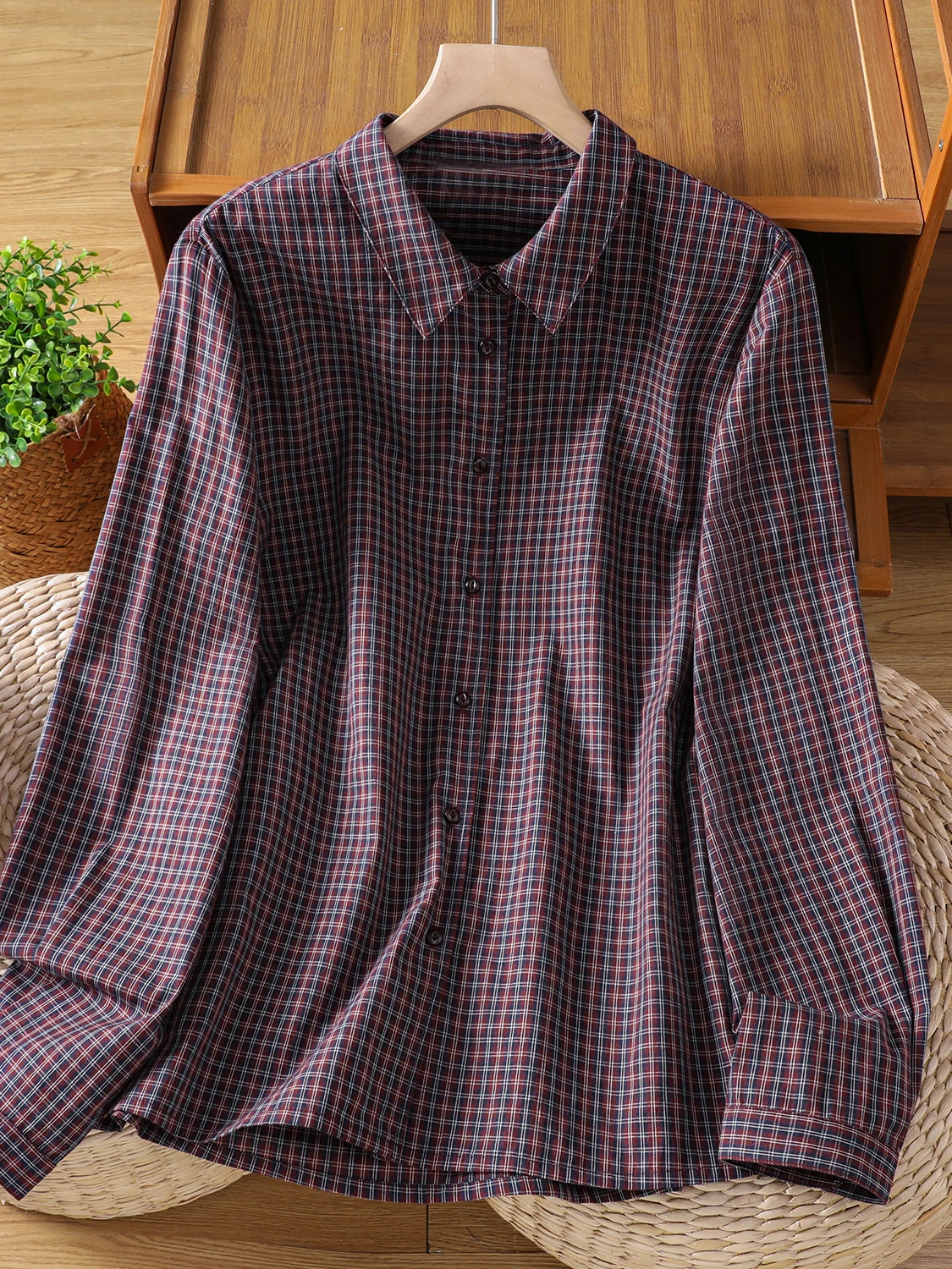 

Spring 2026 Vintage Large Size Women's irt Casual Loose Long Sve Collar Plaid Cotton Blend Comfortable Fit for All ...