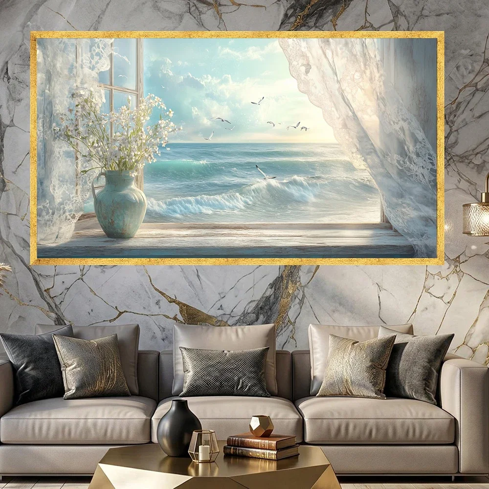 Frameless Canvas Painting Scenic Sea View From Open Window Canvas Print, Nautical Wall Art, Seagulls Over Sea Canvas Print, Bedr