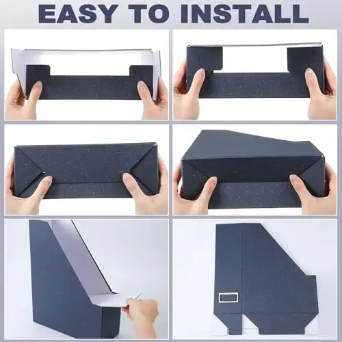 

Six Blue Foldable Cardboard Magazine Organizers With Metallic-Trimmed Label Pockets For Desk, Office, Classroom, And Library Use