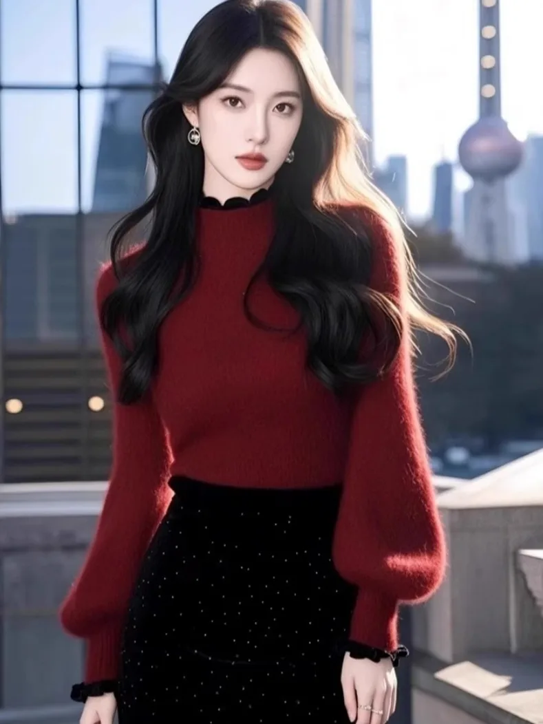 

Корейский мягкий уютный красный трикотаж, женский свитер с высоким воротником, осенне-зимняя внутренняя одежда, Aosphere Feeling Base irt