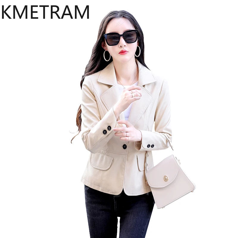 KMETRAM-Chaqueta de piel de oveja auténtica para mujer, traje negro ajustado, ropa corta para primavera y otoño, 2024