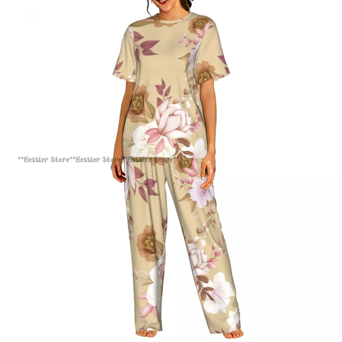 

Women's Pajamas Set Elegant Floral Short Sleeve Sleepwear 2 Piece Homewear Loungewear