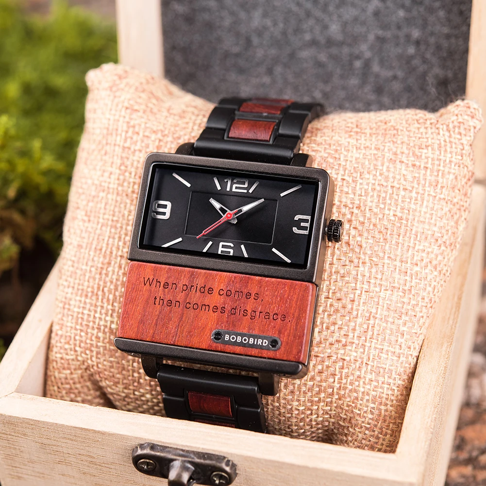 BOBO BIRD Wooden Men Watches Wood & Stainless Steel Combined Square Analog Quartz Casual Wristwatches Personalized Gift for Him