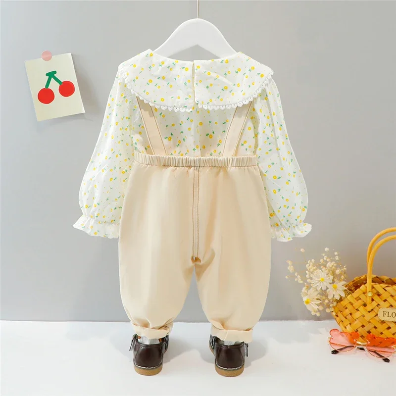 Spring Children Casual Outfit Set for Baby Girls Clothing Kids Floral Shirt Overalls 2 Pcs Suit Toddler Infant Clothes 0-4 Years