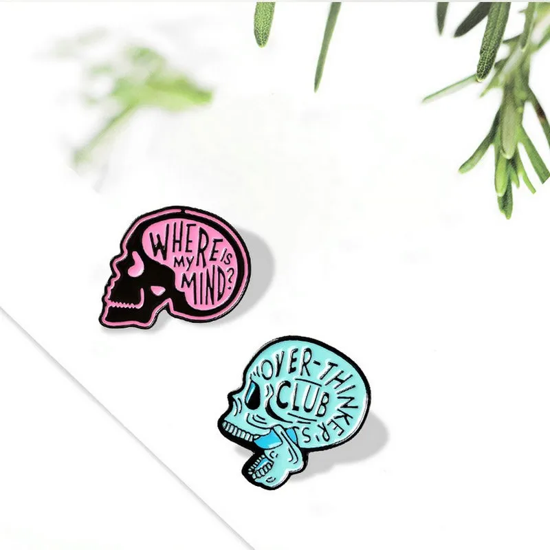 

mind Enamel Pins Custom Overthink Skull Brooches Lapel Pin Shirt Bag Skeleton Badge Humor Jewelry Gift for Friends Where is my