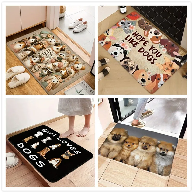 1Pc Dog Print Flannel Door Mat Anti Slip Floor Rug Washable And Absorbent Carpet Suitable For Kitchen Supplies Living Room