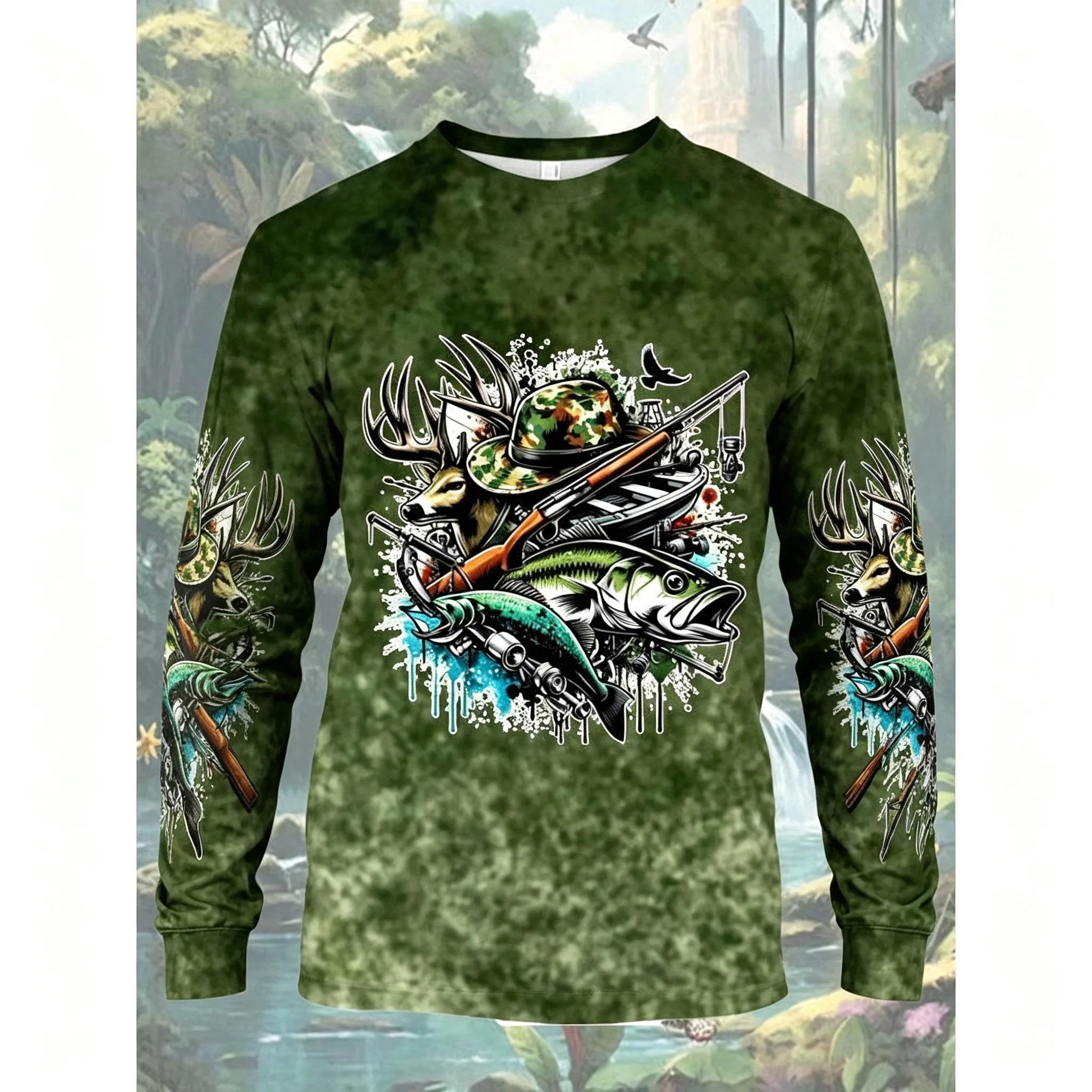 Langarm-T-Shirt für Herren, Angeln, Wildtiere, 3D-Druck, Rundhalsausschnitt, Outdoor-Sport, Freizeitoberteile – Detail 4