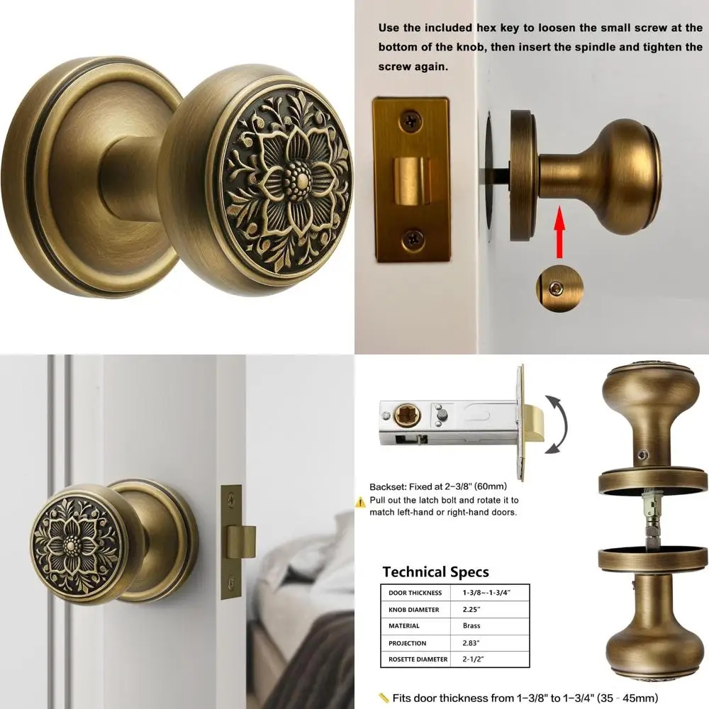 

Elegant Vintage Brass Door Knob with Detailed Floral Pattern - Privacy Handle for Interior Doors, Durable and Classic Style