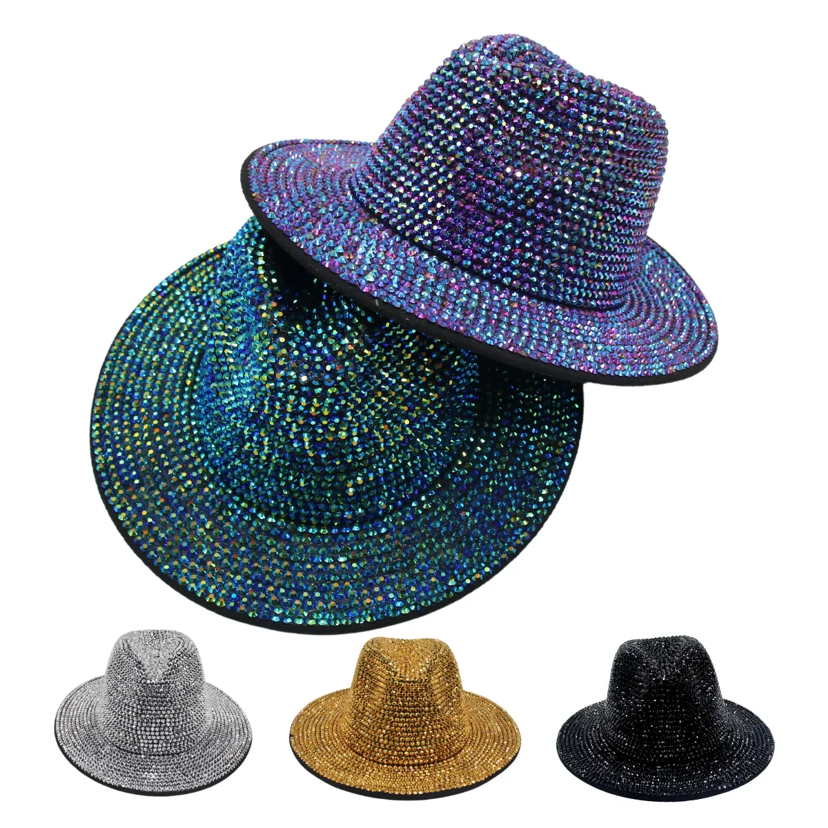 

Stage Performance Jazz Hats Handmade Luxury Rhinestone Women Felt Hats Sequin Burning Fedora Trilby Hats Diamond Bling Dress Hat