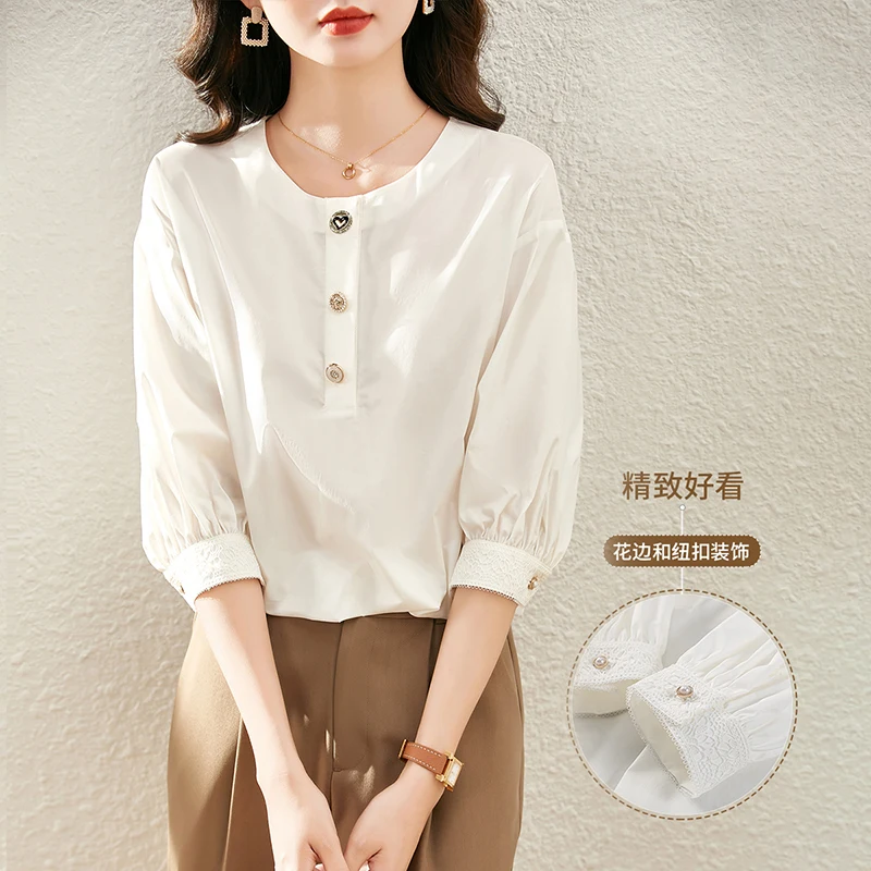 Vimly Breathable Cotton Blend White Tops Three Quarter Sleeve Blouse for Women Autumn 2023 Pullover Round Neck Shirts & Blouses