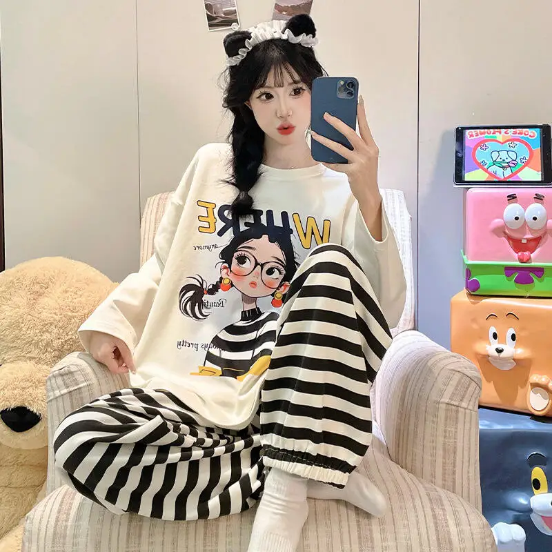 

New Women Long Sleeved Spring Autumn Internet Celebrity Fashion Comfort Sweet Cute Pajamas Sleepwear Home Clothes Two-Piece Set