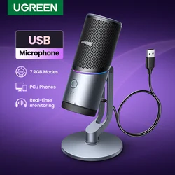 UGREEN USB Microphone with RGB Modes Professional Condenser Mic for PC Mac Gaming Karaoke Recording Streaming Podcasting