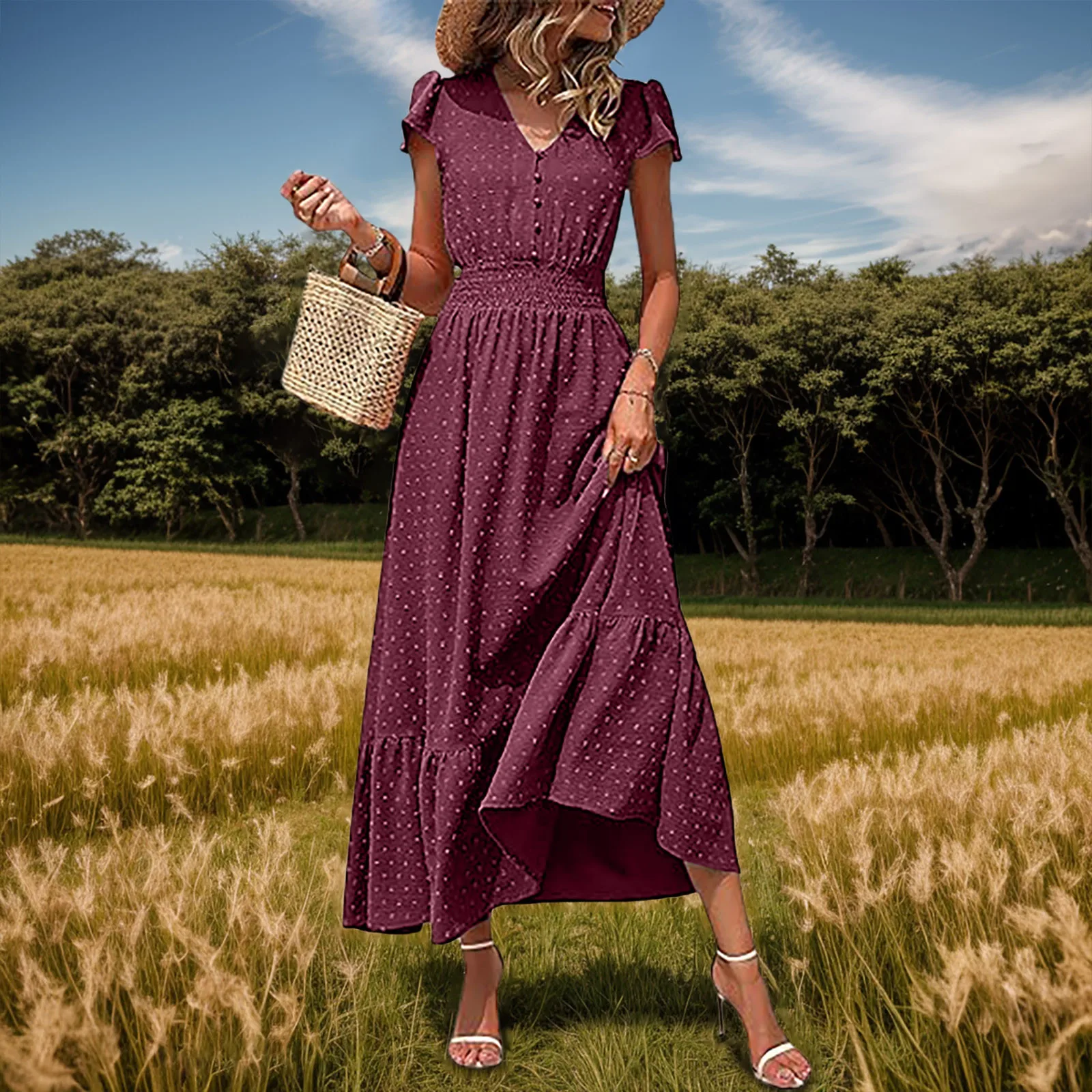 

Bohemian V Neck Polka Dot Dress High Waisted Button Up A Line Pleated Layered Chic Elegant Vestido Ladies Outfit 2024 Hot