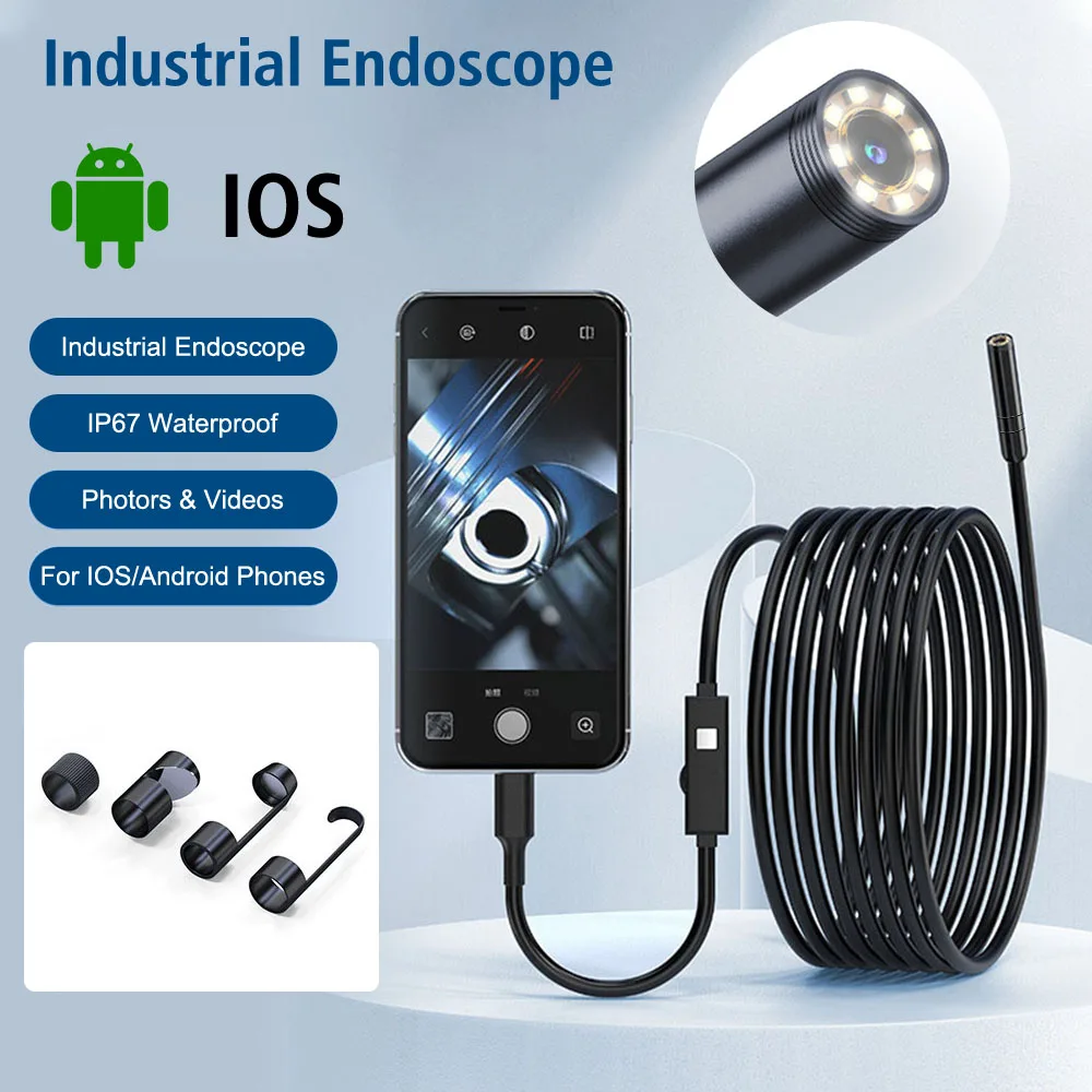 5M Cable 8mm 8LED Camera Repair Tools Car Diagnostic Tools W400 2000K Pixels Industrial Endoscope Type-C Micro Lightning Adapter