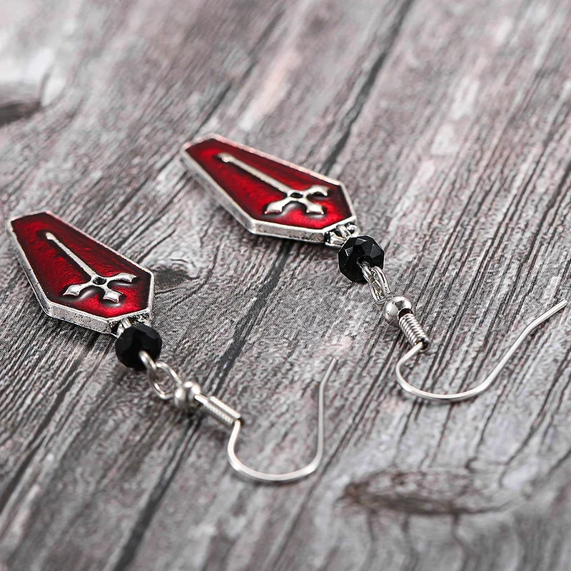 New Red Coffin Vampire Cross Earrings Punk Goth Style Long Dangle Earring for Women Girls Personality Halloween Jewelry Gifts