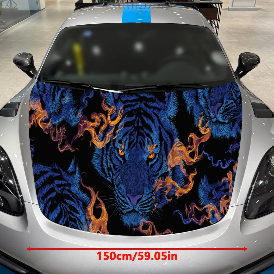 Car Decals A Tiger Design with Fiery Elements in a Bold, Patterned Textured Background with Artistic, Dynamic Visual Details Car