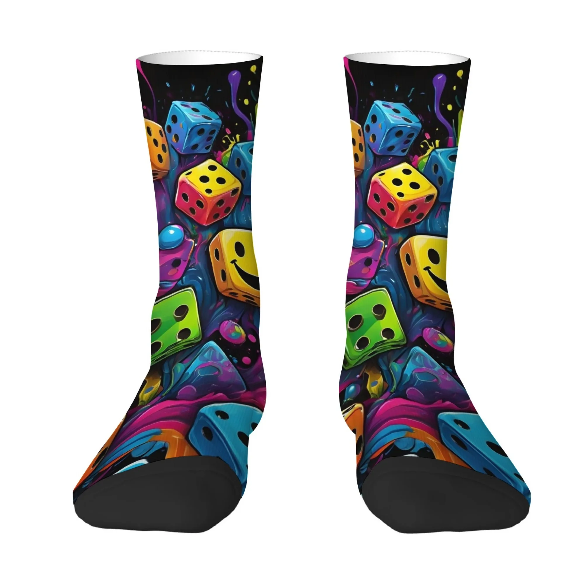 Neon Dice Smiley Face Graffiti Men's Mid-Calf Socks New Cyberpunk Street Game Style Comfortable Socks Gift for Game Lovers