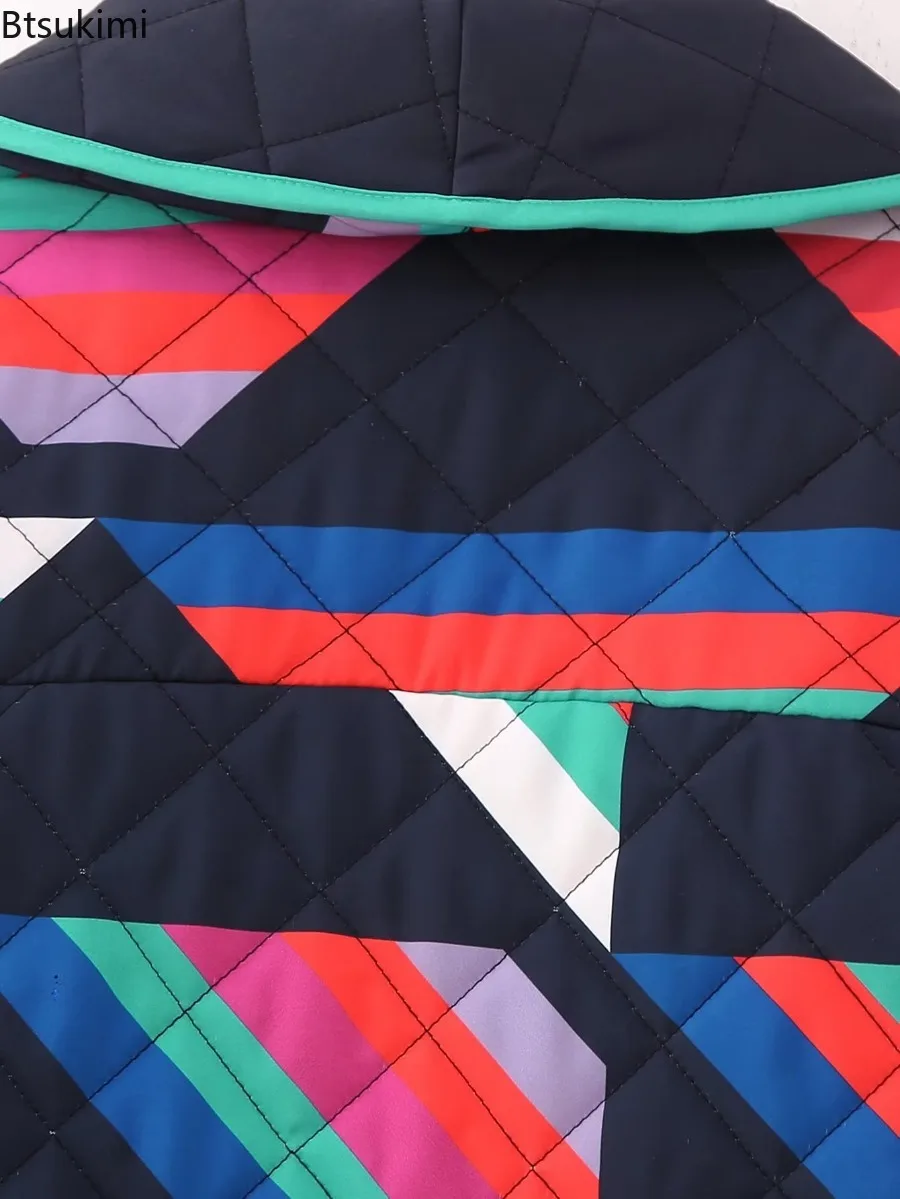 Women Autumn Winter Casual Parka 2025 Fashion Geometric Print Spliced Jacket Vintage Lapel Cardigan Cotton Jacket Thermal Tops