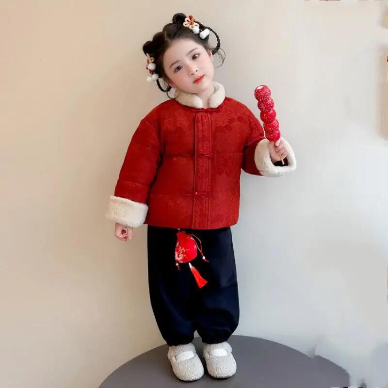 

Winter Cotton-Padded Jacket Pants 2-Piece Set Girl Coat Tops Sweatpants Keep Warm Child Kawaii Fashion New Style Casual Clothing