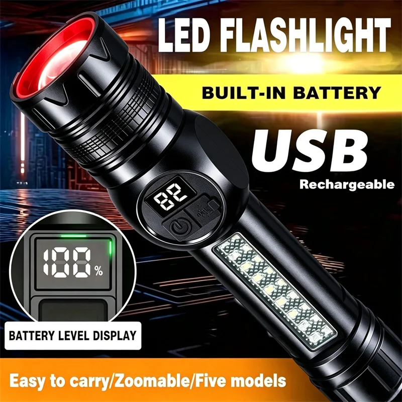 High Strong Power Led Flashlights Tactical Torch With Display Light USB Charging Camping Fishing Emergency Zoom Lantern