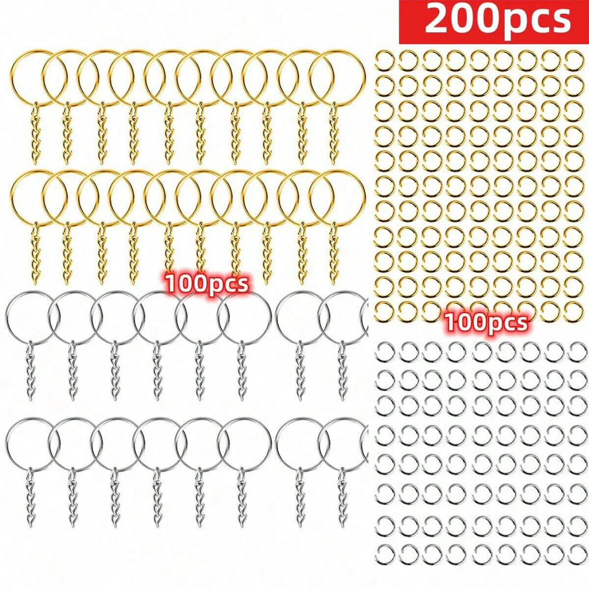 200PCS DIY Iron Keychains With Split Ring Link Silver Gold Color Pendants Holder Rings DIY Key Chains Making