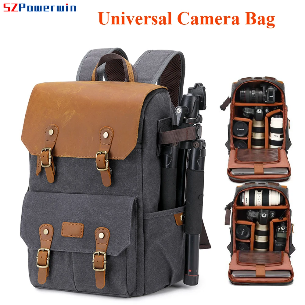 Powerwin Impermeável Dslr Slr Câmera Bolsa de Couro Cavas Anti-roubo Mochila para Lente Drone Computador Tripé Monopé Flash Carregador