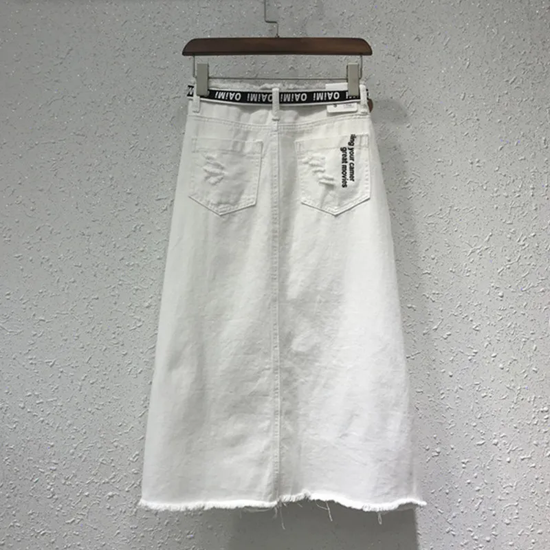 S-5XL Women White Denim Skirt Summer Spring New Fashion Mid-length Cotton Skirt Letters Hollow-out Long Jeans Skirts Female