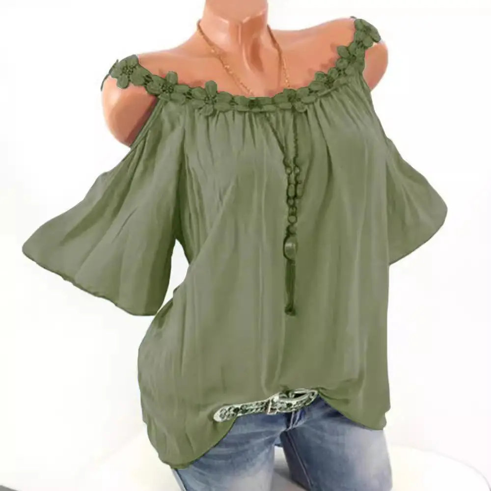 تي شيرت نسائي من الدانتيل بدون أكتاف مزين بالزهور ort Sve فضفاض مناسب من مزيج البوليستر كاجوال مجموعة ربيع Faion #3