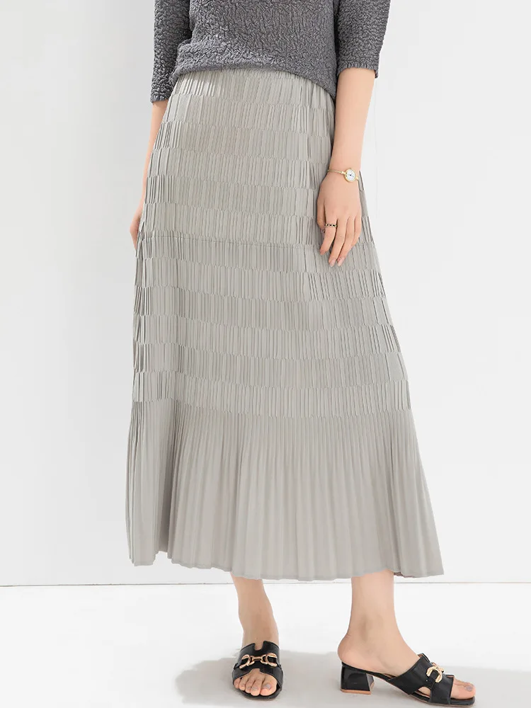 

MIYAKE Style Spring New Fashion Versatile Solid Color Handmade Elastic Waist Draping A-line Pleated Skirt [20240516]