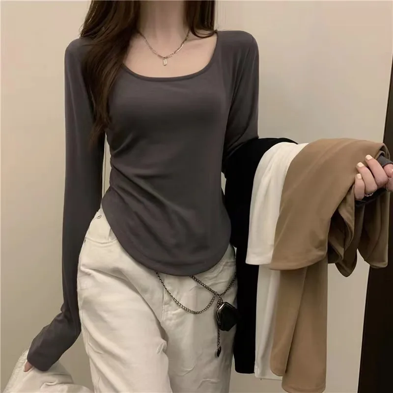 Short U-neck Irregular Long Sleeved T-shirt for Women in Autumn and Winter, Suitable for Wearing as a Base Top with a High-end F