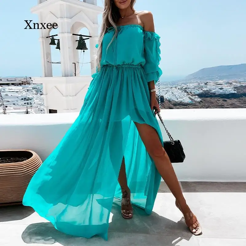 Summer Fashion Ladies Slash Neck Slash and Floor Length Ruffle Maxi Dress Lace Up Casual Beach Solid Style Dress