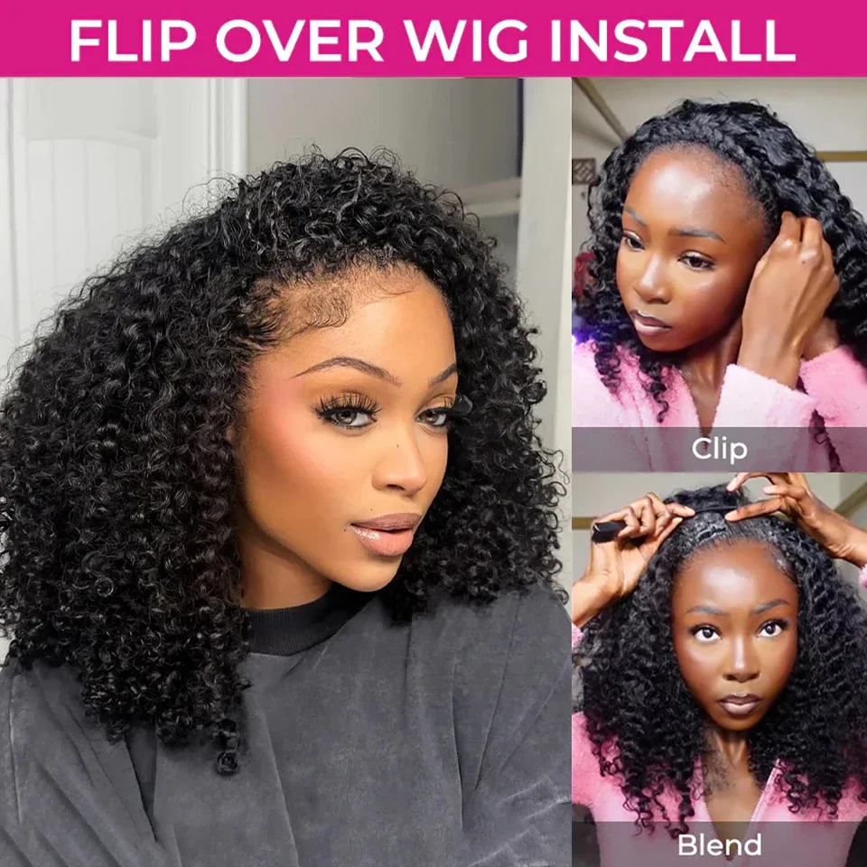 

300% Wear Go Half Wig Human Hair Kinky Curly Headband Wig Upgrade 3 IN 1 Half Wig With Drawstring Seamless Clip Ins Flip Over