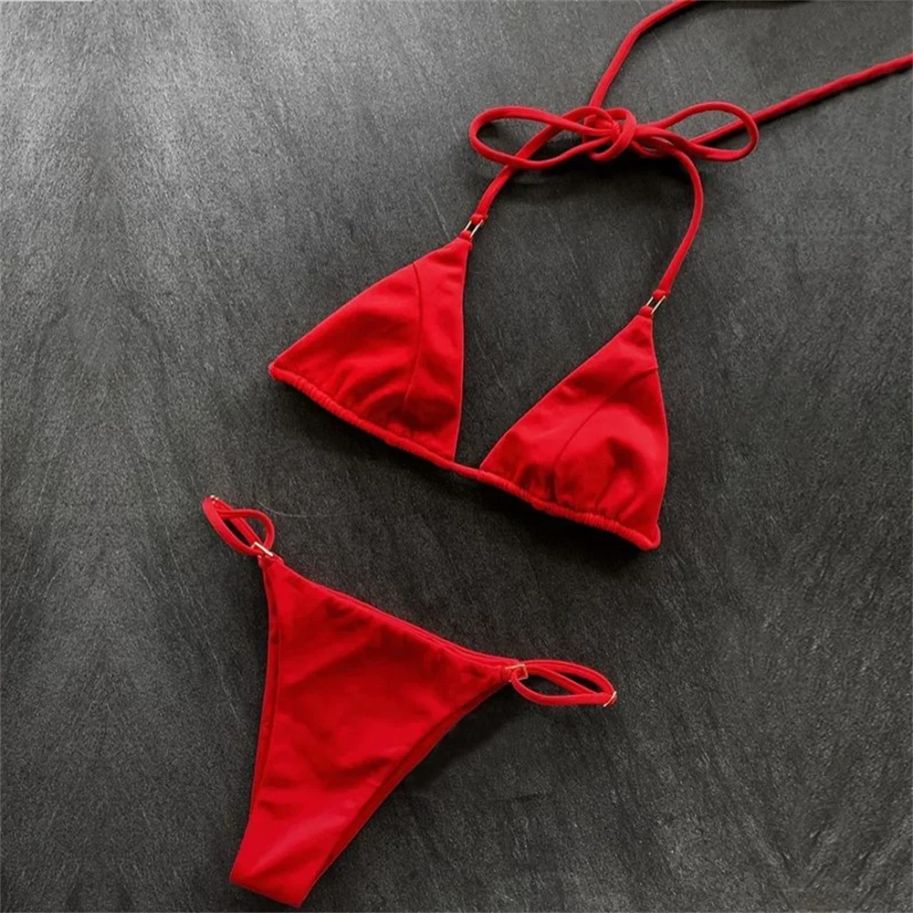 Biquíni vermelho micro corda sem costas maiô y2k halter push up banho feminino duas peças praia tangas maiô roupas de férias