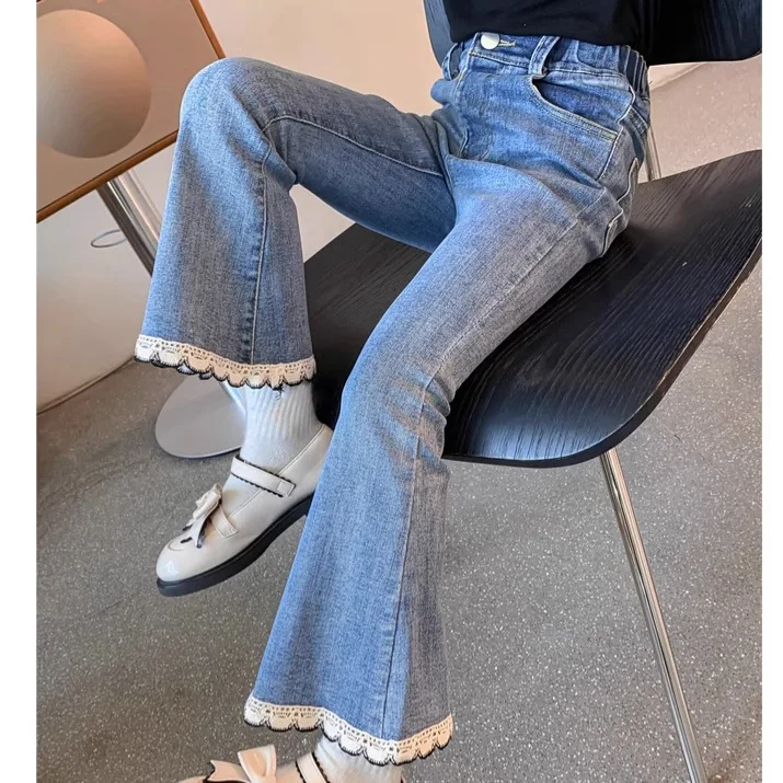 

Autumn Kids Baby Girls Jeans Versatile Lace Children Girls Bell Bottoms Pant Casual Elastic Waist Litte Girls Flared Pants