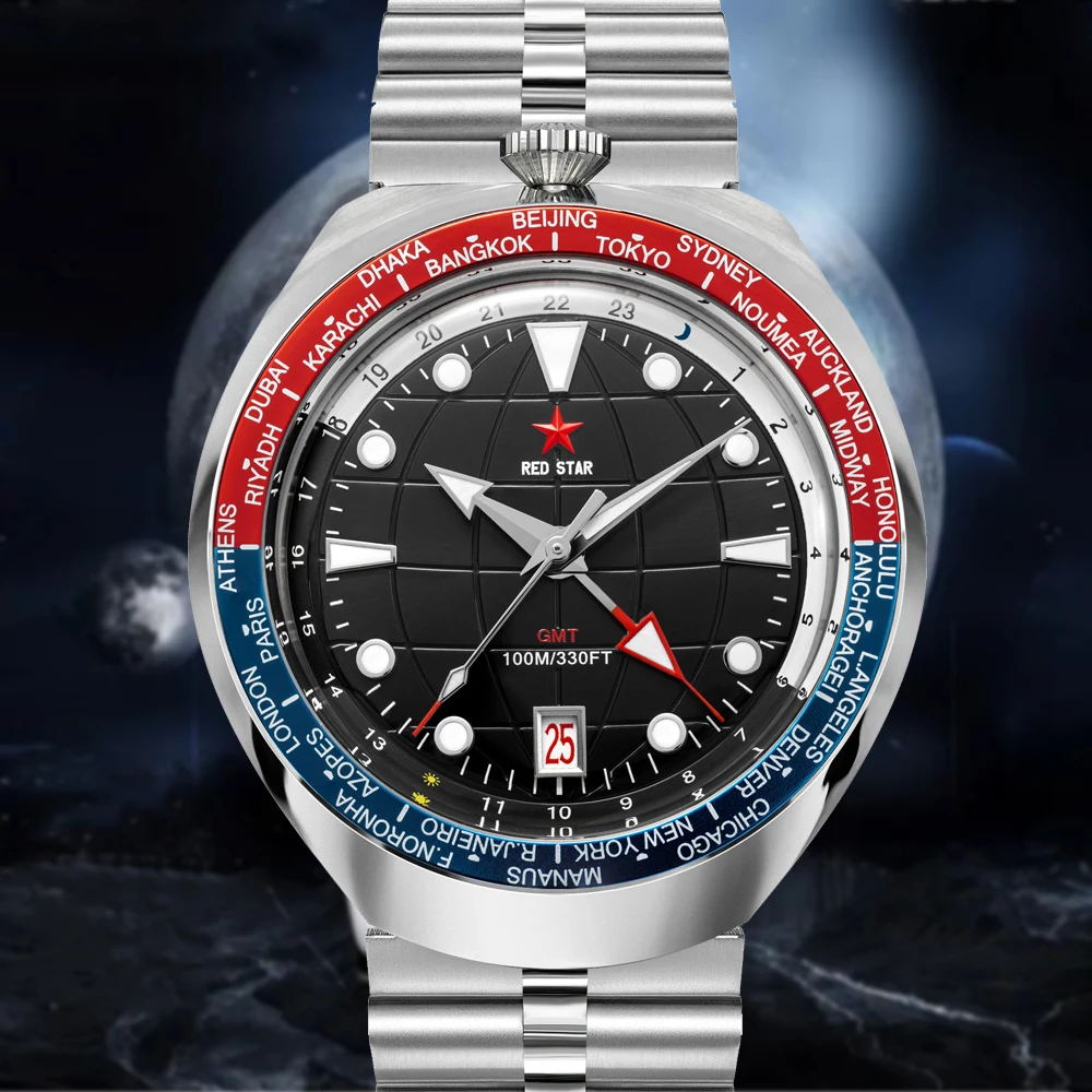 Red Star Bull Head 100m Diving GMT Mechanical Watches NH34 Automatic Movement Calendar Luminous Watches For Men 42mm Waterproof