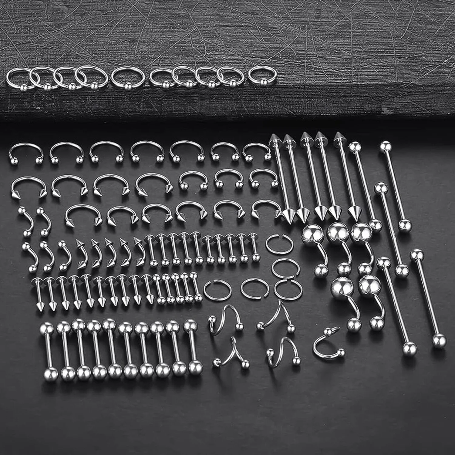 

100pcs Stainless Steel All Body Piercing Kit Classic Punk Style Jewelry Set Nose Lip Eyebrow Ear Cartilage Tongue Nipple Belly