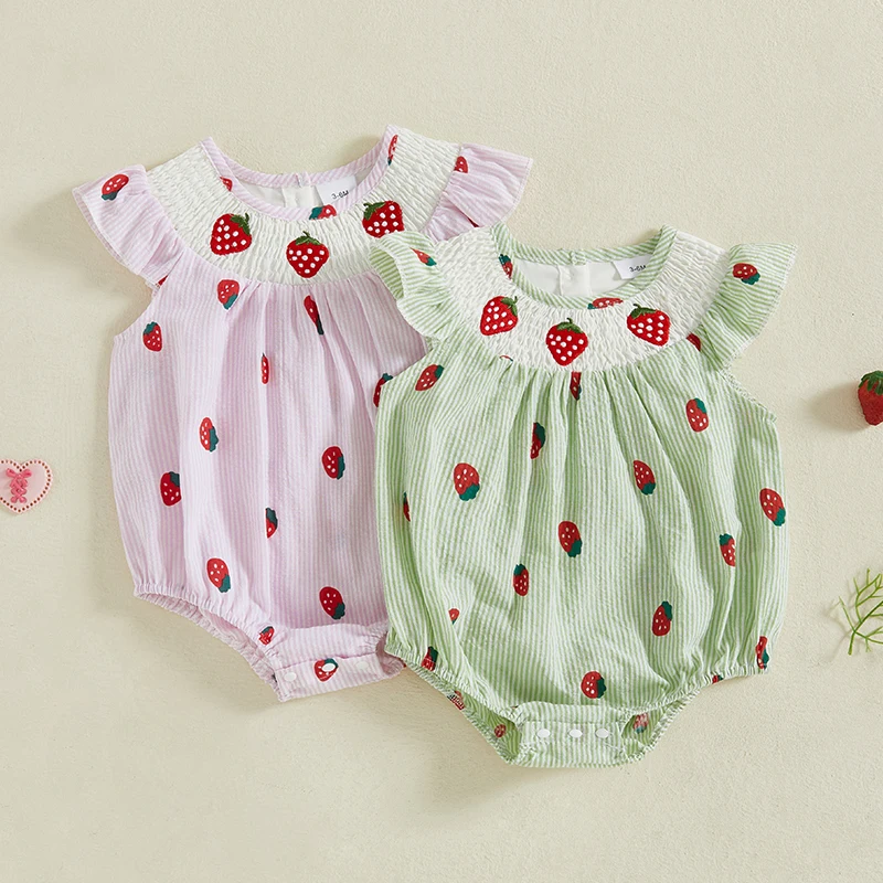 

Tregren 0-24M Infant Baby Girl Summer Romper Cute Strawberry Striped Print Fly Sleeves Bodysuits Newborn Jumpsuit Clothes