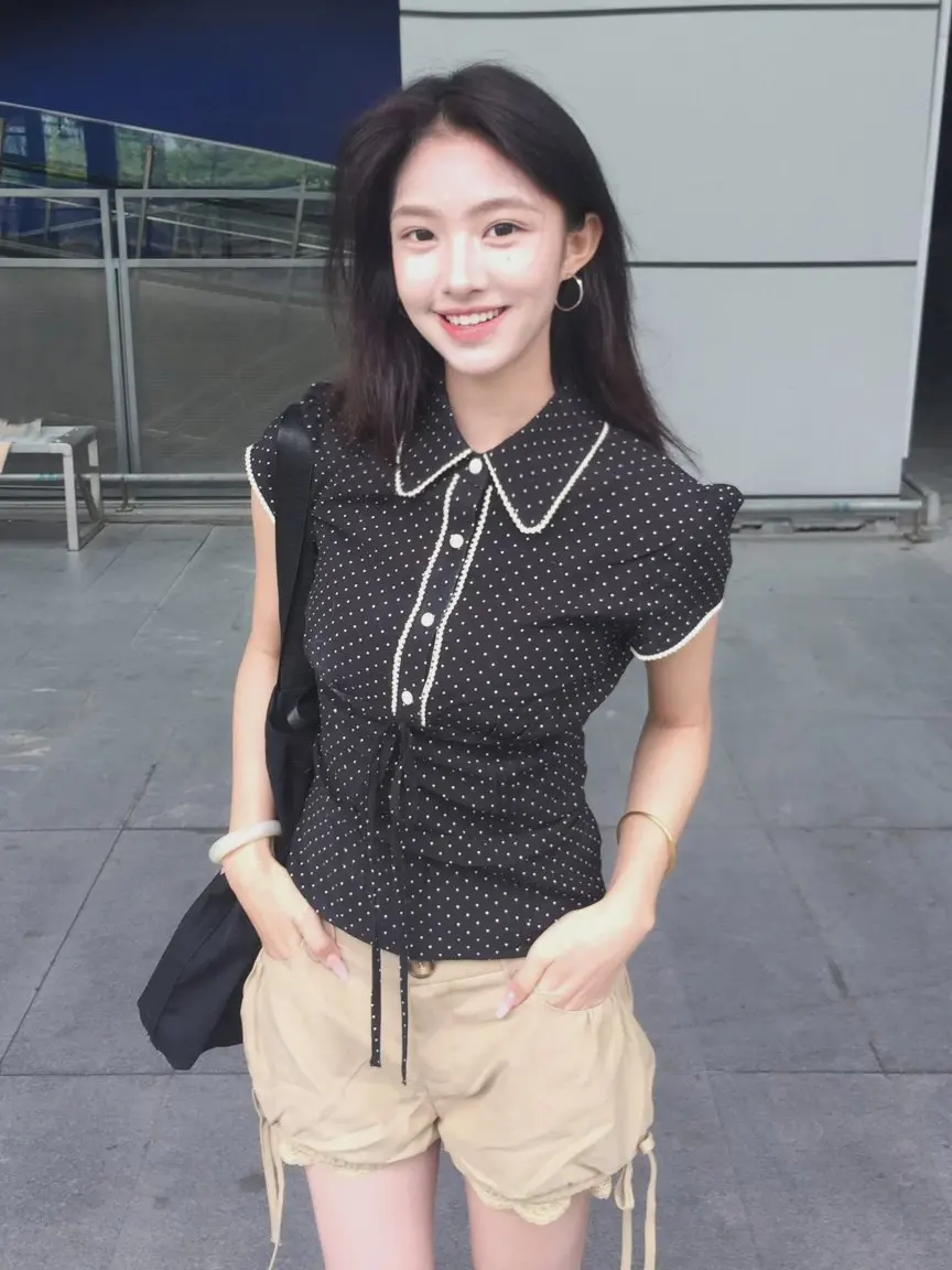 

Slim Fit Polka Dot Short Sleeve Shirt Women's Summer New Style Korean College Style Shirt Casual Versatile Slimming Top