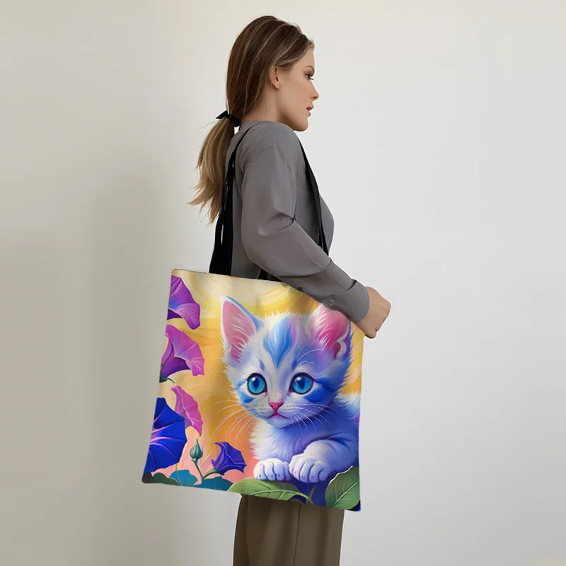 Cute Flower Kitten Print Tote Bags Butterfly Floral Cat Women Shopping Bag Handbag Large Capacity Storage Bags Eco Shopper Bag