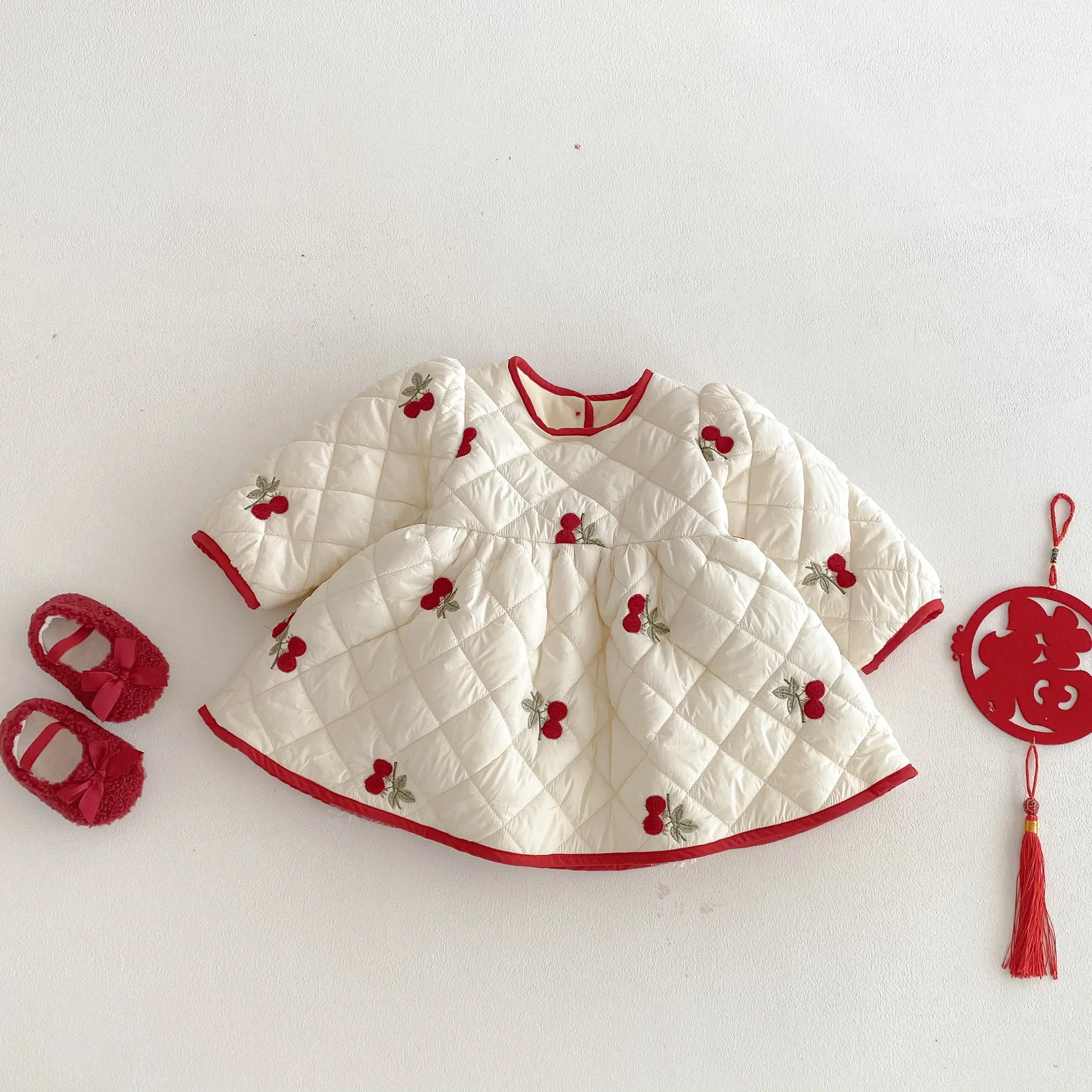 

Christmas New Year Festival Dress Kids Cherry Embroidery Dress 0-5Y Girls Padded Thickened Winter Baby Girl Quilted Warm Dress