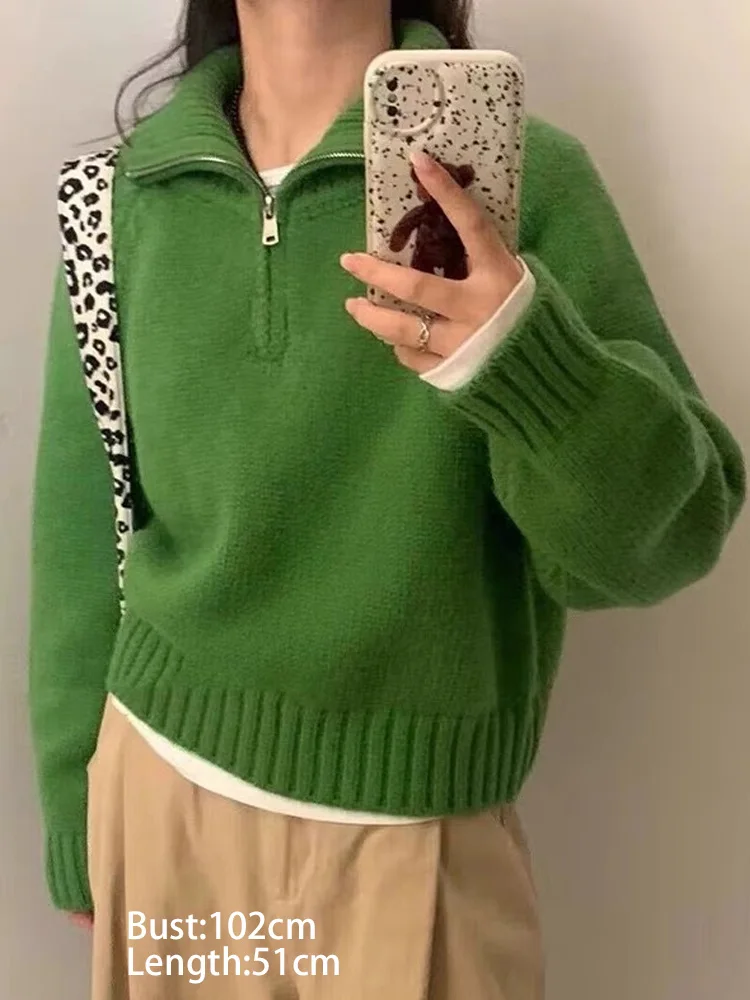 Rollkragen Süße Revers Lose Tops Beiläufige Gestrickte Elegante Koreanische Jumper Herbst Winter Lange Ärmeln Halb Zipper Pullover Pullover