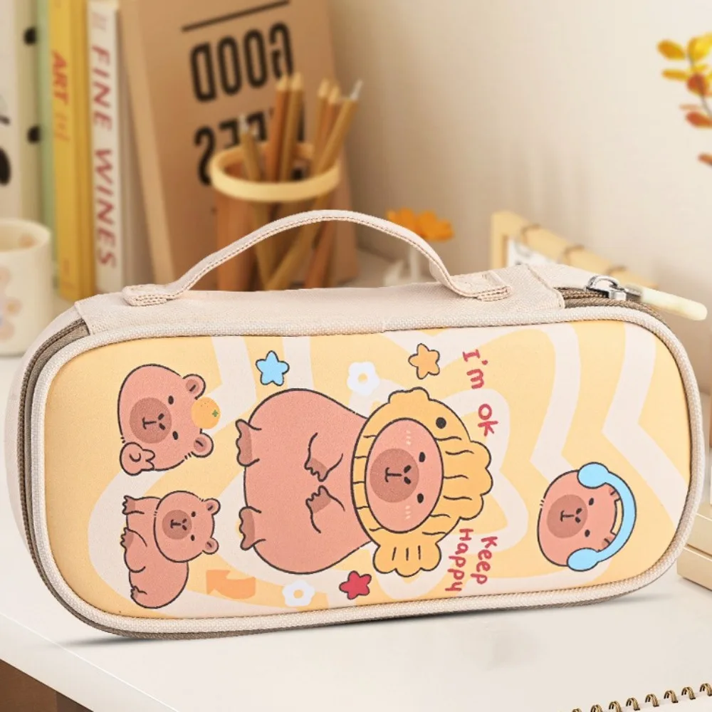 Funny Multi Layer Capybara Stationery Bag Pencil Cases Canvas Capibara Pencil Bag Kawaii Cute Cartoon Pen Pouch Children