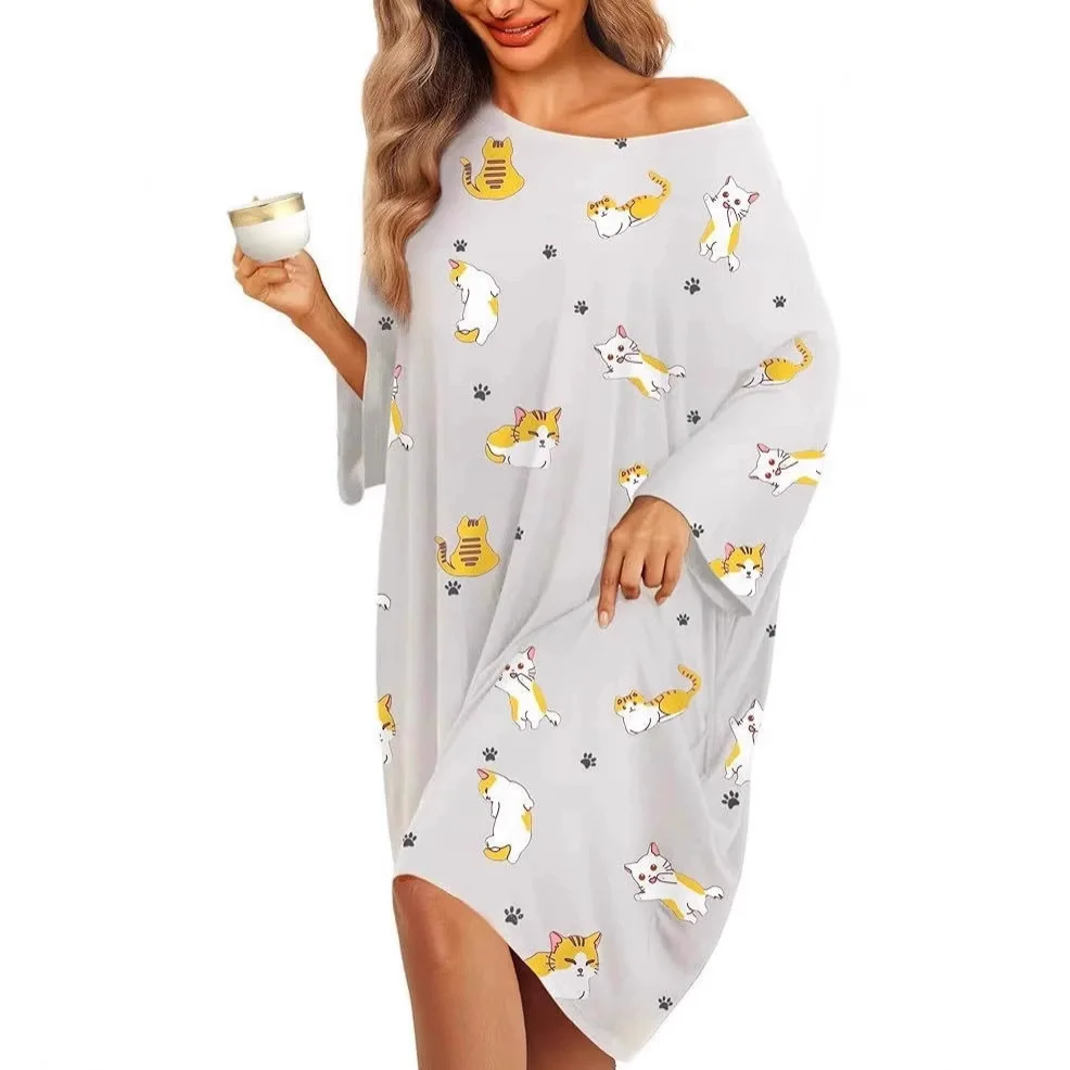 Women's nightgown loungewear T-shirt short-sleeved pajamas nightgown with pockets
