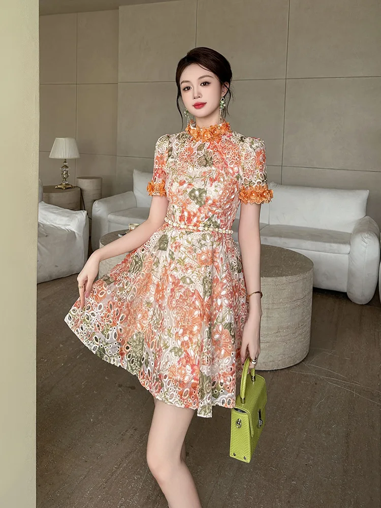 

Summer New Women's French Three-Dimensional Flower Round Neck Waist Puffy Floral Exquisite Dress